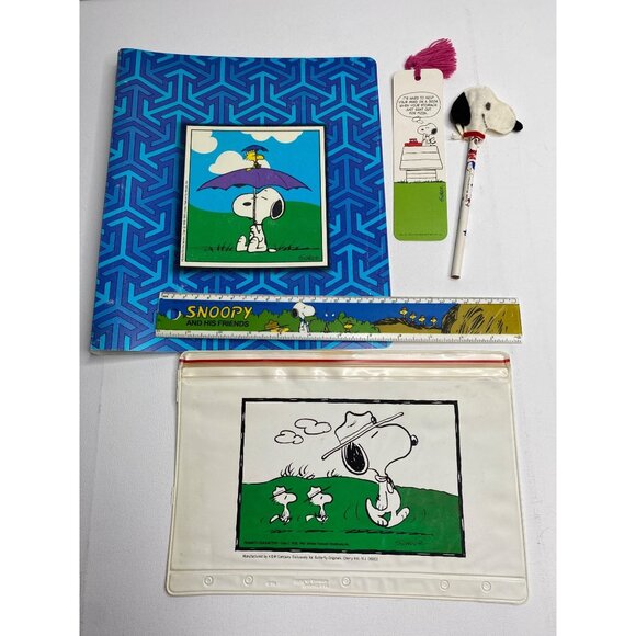 Vintage Peanuts Snoopy School Supplies 5 Pc Set Binder Pencil Pouch Topper Ruler